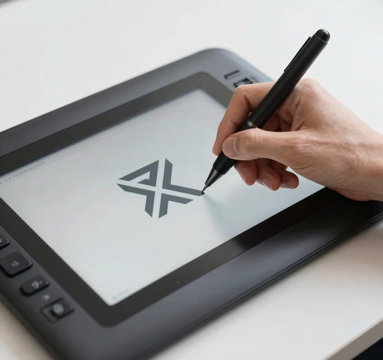 A close-up photograph of a professional graphics tablet and a digital pen on a bright white desk. A minimalist, geometric corporate logo is being refined on the display screen. Clean studio lighting.