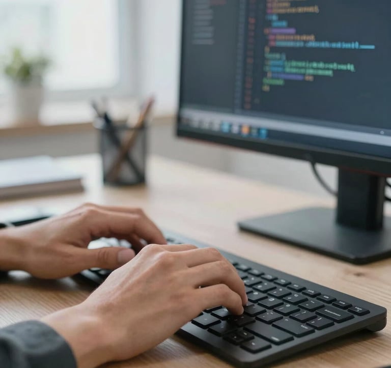 Close-up photography of a professional developer's hands typing on a modern keyboard in a bright, North American office. A monitor in the background shows clean lines of website code with a soft focus, emphasizing technological proficiency and expertise.