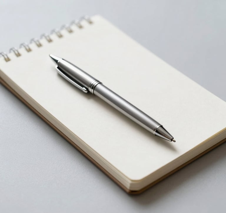 A minimalist, clean photograph of a high-quality silver ballpoint pen resting on a blank white sketchbook. The setting is bright and professional with soft shadows on a light gray surface.