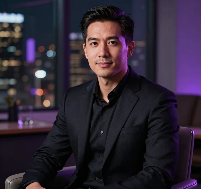 A professional headshot of a male executive in a sleek black blazer, sitting in an upscale office lounge. The background features blurred city lights through a window. North American / US setting. Sophisticated, high-end fintech mood with deep purple lighting accents.