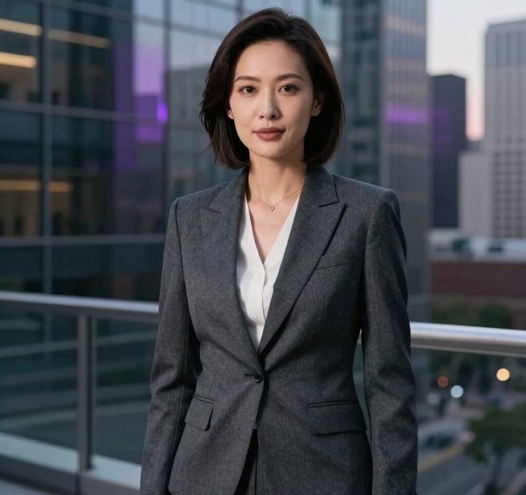 A professional headshot of a female executive in a charcoal tailored suit, standing in a modern glass office in a North American city. Soft evening light creates a premium atmosphere with hints of dark purple in the shadows. North American / US setting.