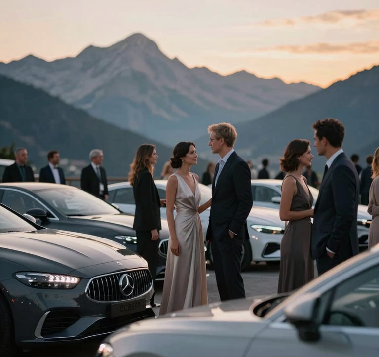 A group of elegant people in evening attire standing by luxury cars during a sunset rally event in the Alps. Soft, warm lighting contrasting with the cool mountain peaks. Sophisticated and exclusive atmosphere. Palette includes hints of #272635 and #CECECE.