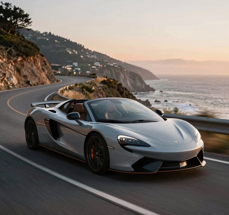 An action shot of a convertible supercar cruising along a winding coastal road at sunset. The lighting is warm yet crisp, emphasizing the motion and the premium automotive lifestyle. Colors focus on #CECECE and #272635 contrast.