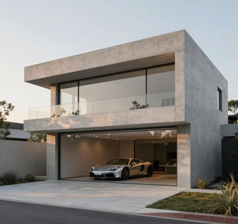 An ultra-modern, minimal concrete villa with a clean glass garage displaying a silver sports car. Soft evening light, long shadows. The architectural aesthetic reflects the 'premium lifestyle' of ALTA STRADA. Neutral tones consistent with #CECECE and #E8E9F3.