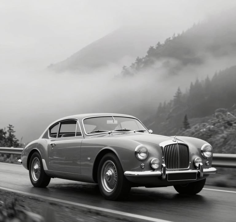 Black and white artistic photograph of a vintage luxury car speeding through a misty mountain pass. Motion blur on the wheels, sharp focus on the sleek silhouette. High contrast, elegant and timeless. Reflects heritage and performance in #272635 and #A6A6A8 tones.