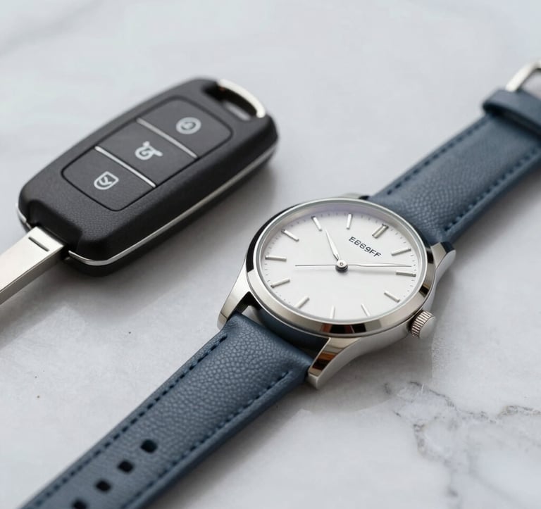 A detail shot of a luxury car key and a designer watch resting on a marble surface. The focus is sharp on the textures of leather and metal. Minimalist composition using #E8E9F3 and #272635 to evoke personalized service and time-saving convenience.
