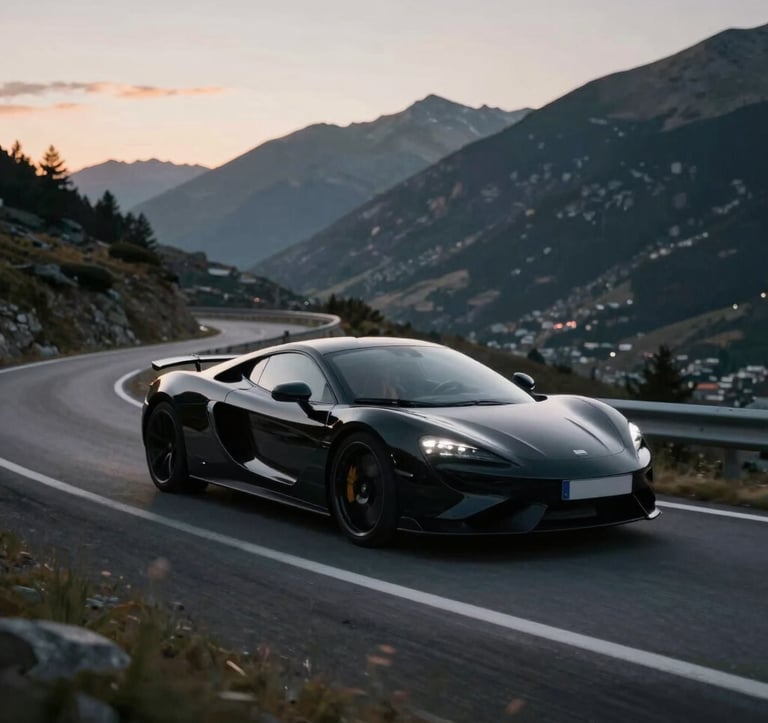 A sleek, black modern supercar driving through the winding mountain roads of Andorra at twilight. Muted tones of #A6A6A8 in the sky and sharp highlights on the car's body.