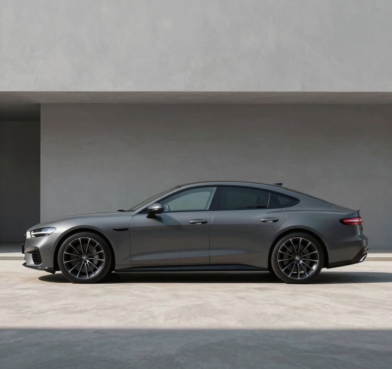 A side profile shot of a luxury German grand tourer in a matte charcoal finish. The car is positioned in a minimalist architectural setting with clean lines and soft shadows. High-end lifestyle vibe, reflecting the #272635 and #A6A6A8 color scheme.