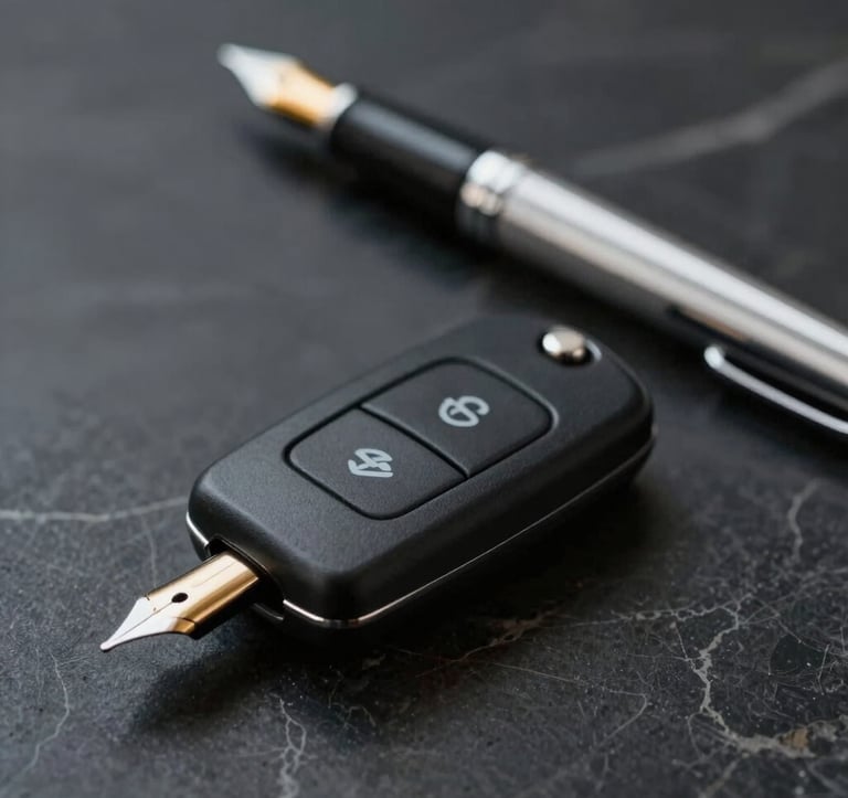 Macro shot of a luxury car key resting on a dark marble surface. Beside it, a silver fountain pen. The composition is minimal, emphasizing high-end service and administrative perfection. Colors: #272635, #E8E9F3.