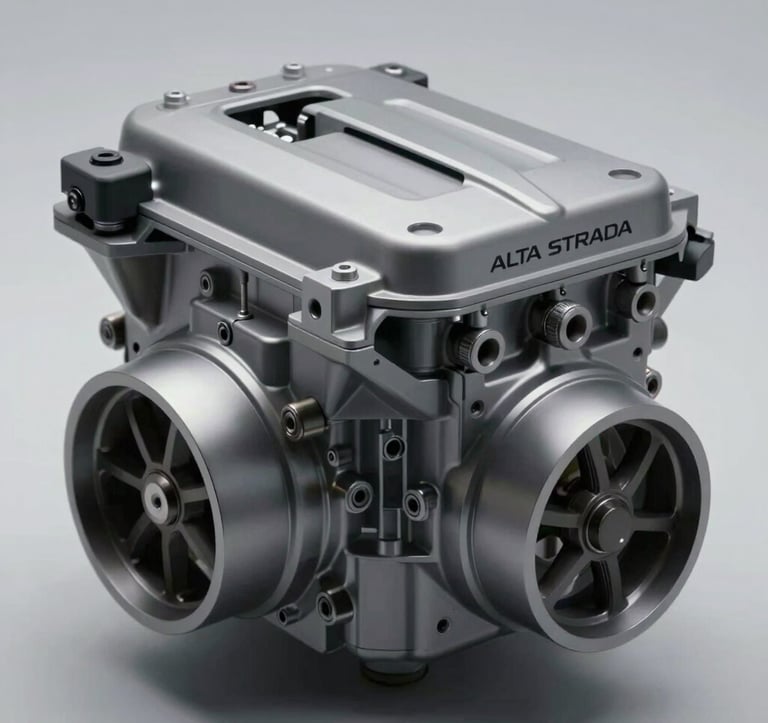 Close-up of a precision-engineered engine component of a modern supercar. Clean lines, metallic surfaces in #CECECE and #A6A6A8. Studio lighting that emphasizes the technical perfection and performance nature of ALTA STRADA. Minimalist and sharp focus.