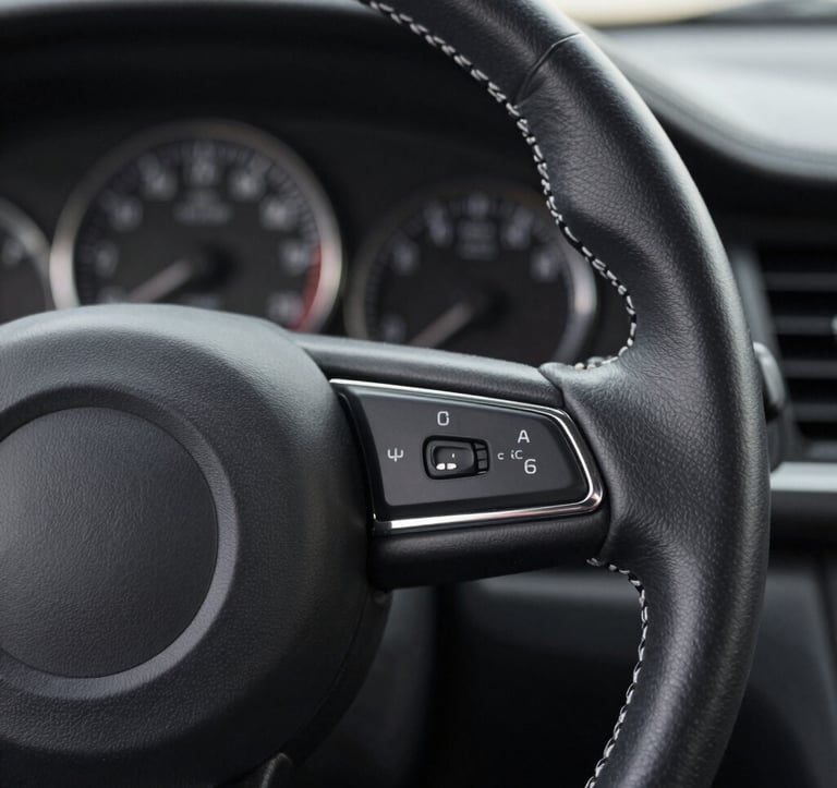 Close-up detail of a hand-stitched leather steering wheel and a classic analog dashboard clock of a premium automobile. The focus is on the fine textures and the craftsmanship. Neutral lighting with #A6A6A8 and #272635 palette.