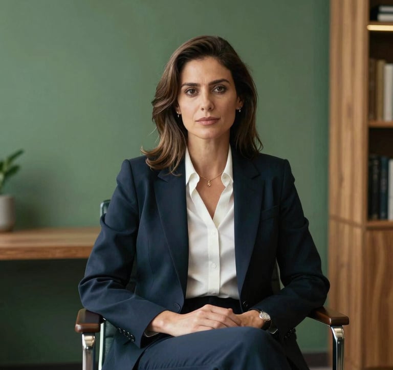 A professional portrait of a woman in sophisticated international attire sitting in a light-filled office with Matte Forest Green walls and warm wood accents. She exudes a sense of trustworthiness and expert knowledge.