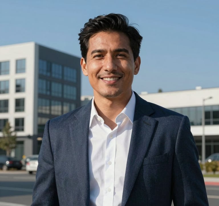A professional portrait of a man in smart-casual international business attire standing in front of a modern commercial development site under a clear blue sky. He has a grounded and approachable expression, looking directly at the camera with a warm smile.