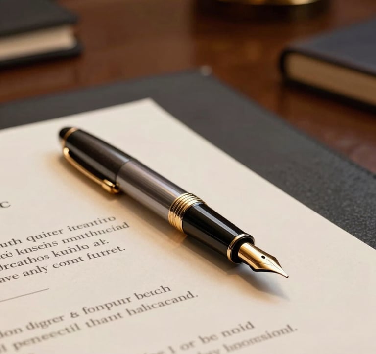 A high-detail shot of a luxury fountain pen with a Metallic Gold nib signing an official document on an Ivory textured paper. The setting is a prestigious South Asian / Indian boardroom with Dark Slate accents and professional, warm ambient lighting.