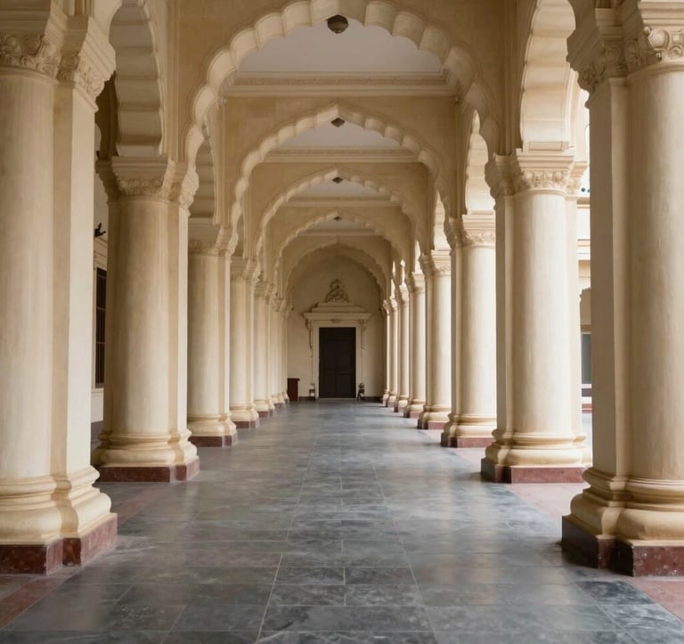 A wide-angle, symmetrical shot of a grand South Asian / Indian High Court corridor. The architecture features Ivory pillars, Dark Slate floors, and sophisticated lighting that creates an atmosphere of authority and historical importance. No people present.
