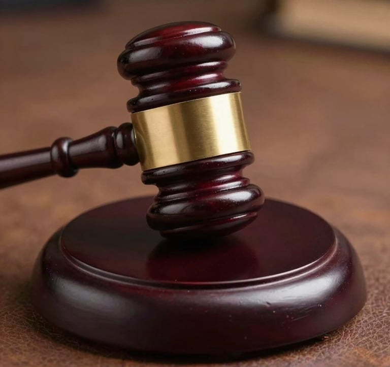 A close-up photograph of a polished wooden gavel resting on a leather desk surface. Metallic gold accents on the gavel head catch the light, creating an authoritative and premium mood in a South Asian legal setting.