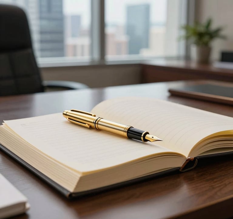 A high-end professional desk setting in a South Asian executive office, featuring a luxury gold fountain pen resting on a thick, ivory-paged legal book. Soft daylight filters through large windows overlooking a prestigious business district.