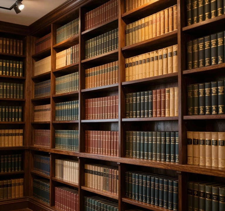 A sophisticated South Asian private law library with floor-to-ceiling dark wood shelving. Warm, golden spotlighting illuminates specific volumes, creating a rich and intellectually prestigious environment.