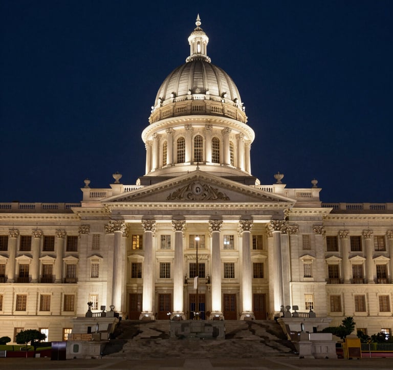A high-angle, wide shot of the grand columns and classical architecture of an Indian High Court building at twilight. The sky is a deep midnight navy, and the building is illuminated with sophisticated ivory lighting.