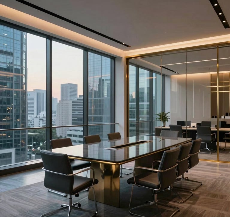 A wide, cinematic shot of a modern glass-walled boardroom in a South Asian city during the evening. The interior features minimalist furniture and elegant metallic gold accents, reflecting an atmosphere of elite professional power.
