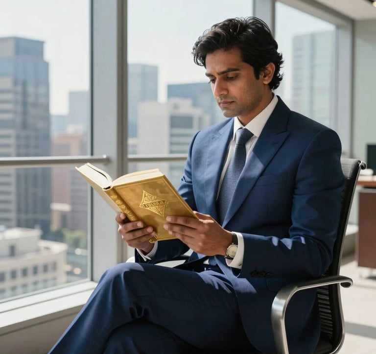 An elegant South Asian tax expert in a tailored navy blue suit sitting in a sun-drenched, modern office with floor-to-ceiling windows overlooking a metropolitan skyline, holding a gold-leaf book.