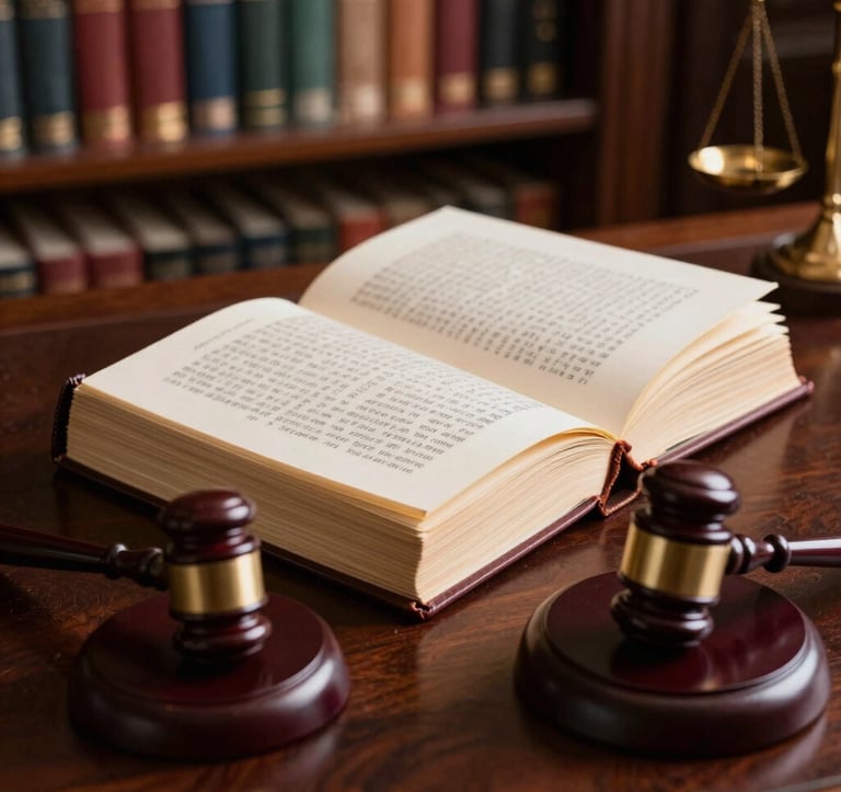 A professional photography shot of a thick, leather-bound legal manuscript and a classic wooden gavel on a dark mahogany desk. The background features a blurred bookshelf of an elite South Asian / Indian law library. Lighting is sophisticated with Ivory and Metallic Gold highlights.