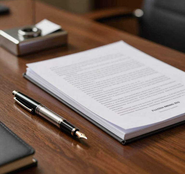 A professional desk setting in a high-rise Indian law firm, featuring a polished wooden surface with a high-end fountain pen, silver paperweight, and thick legal documents under warm, focused study lighting.