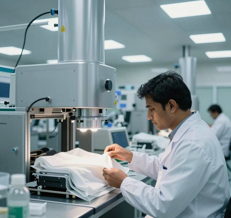 A high-end, bright photography shot of a professional quality control laboratory in a South Asian manufacturing plant. A technician in a white coat is inspecting high-performance PPE fabrics under cool white lighting. The environment is sterile, modern, and high-tech, featuring metallic silver equipment.