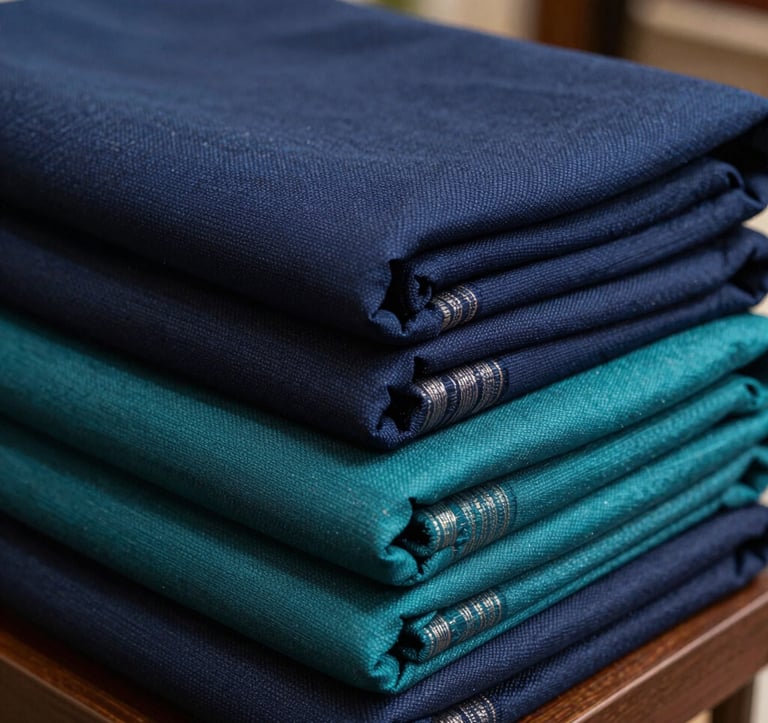 Close-up macro photography of premium Indian silk and cotton fabrics in deep navy and teal shades, stacked neatly in a high-end showroom in Surat, soft natural lighting highlighting the intricate weave.