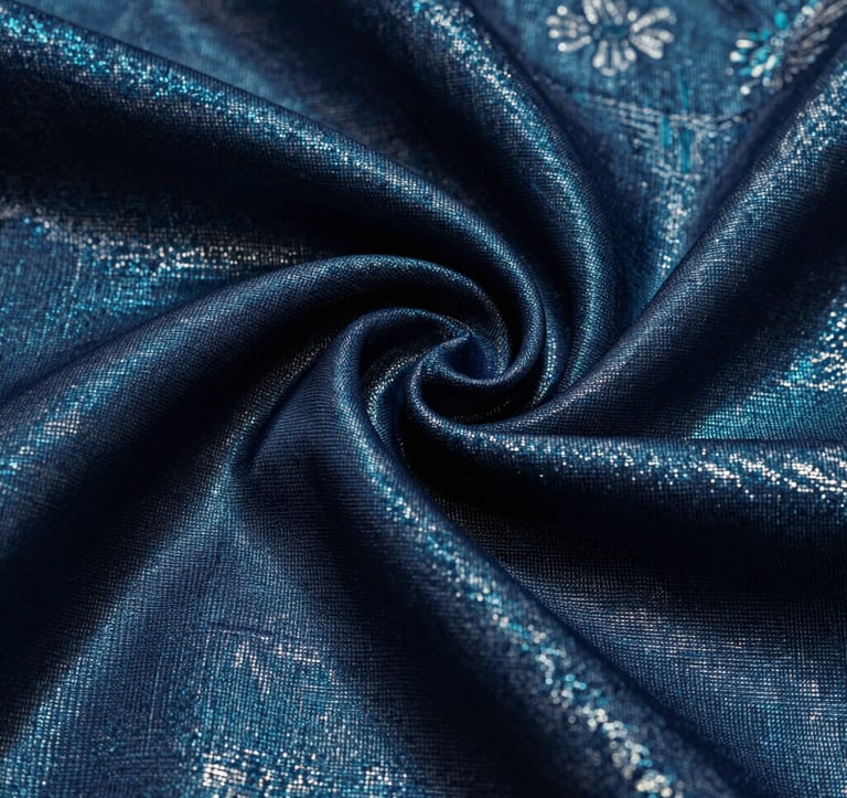 A close-up, macro photograph of high-quality Indian silk fabric in a deep navy and teal weave. The texture is shimmering and luxurious, with silver metallic threads catching the light. The composition is artistic and emphasizes the craftsmanship and premium quality of the textile.