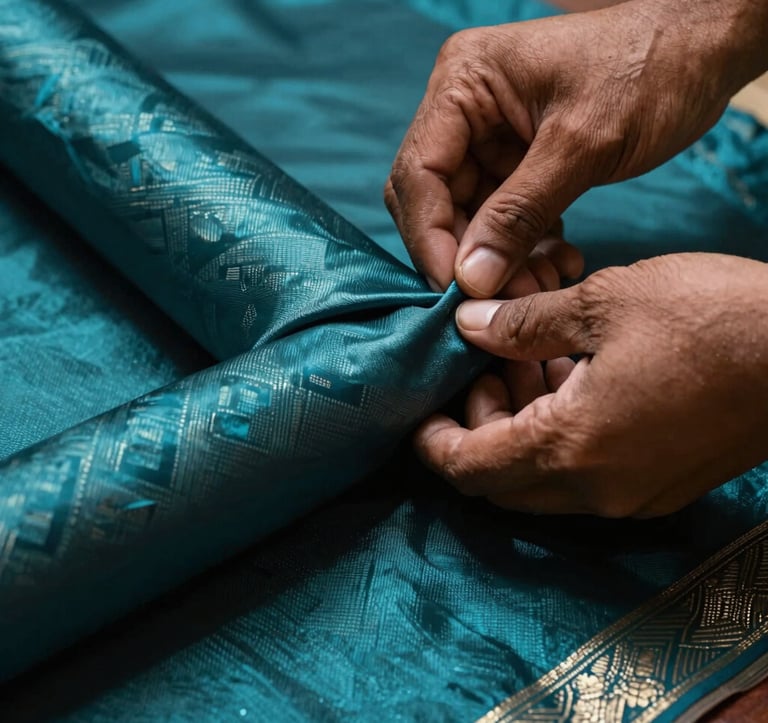 A close-up photograph of a South Asian / Indian artisan's hands carefully inspecting a roll of premium deep teal silk fabric. The lighting is focused and artistic, with metallic silver highlights on the texture of the cloth, emphasizing luxury and quality control.