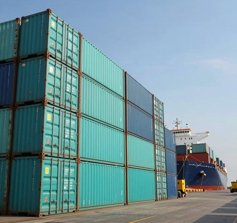 A sprawling logistics hub at an Indian port with teal-colored shipping containers stacked high. A large cargo ship is being loaded under a clear blue sky, emphasizing massive export capacity.