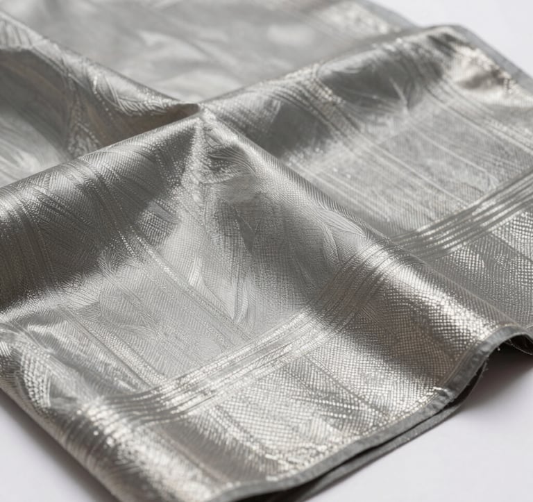 Close-up macro photography of high-quality Indian silk and cotton textiles, showing intricate thread patterns and metallic silver finishes, draped elegantly in a bright, modern studio.