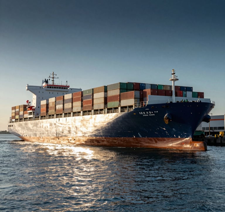A high-end photography shot of a massive container ship departing a modern industrial port at sunrise. The water reflects a silver metallic sheen, and the sky is a gradient of deep navy and teal, symbolizing global reach and expansive logistics.
