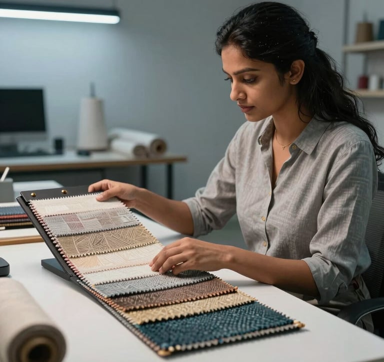 A South Asian / Indian textile designer in a clean, modern workspace examining high-end fabric samples under cool studio lighting, focusing on texture and quality.