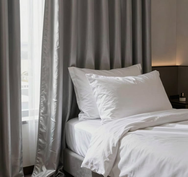 Photography of a luxury, ultra-modern hotel suite interior featuring premium South Asian home textiles. Elegant silver-toned silk curtains and crisp white cotton linens are displayed with soft, natural morning light. The composition is clean and minimalist, highlighting the rich texture of the fabrics.