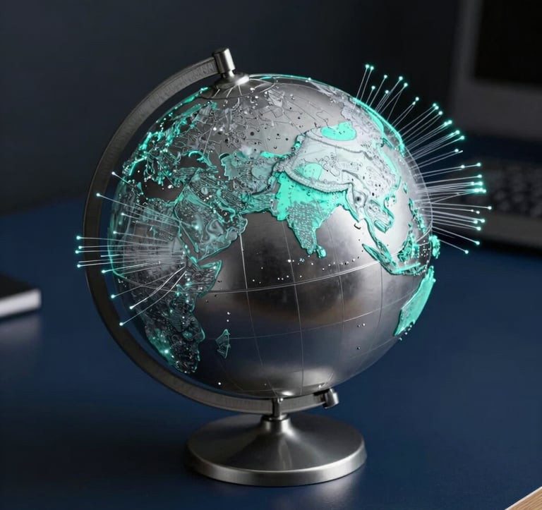 A conceptual, high-contrast photograph of a sleek metallic silver globe sitting on a dark navy blue desk. Soft teal light highlights India on the globe, with glowing fiber-optic lines extending outward to represent global trade routes. The style is premium, professional, and globally connected.