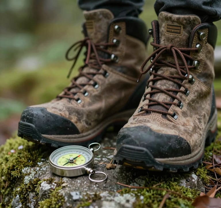 Close-up of a pair of well-worn leather hiking boots and a compass on a mossy stone. The image reflects durability and trust, utilizing the brand palette of #A1775E and #D3B386 in a natural, soft-focus forest setting.