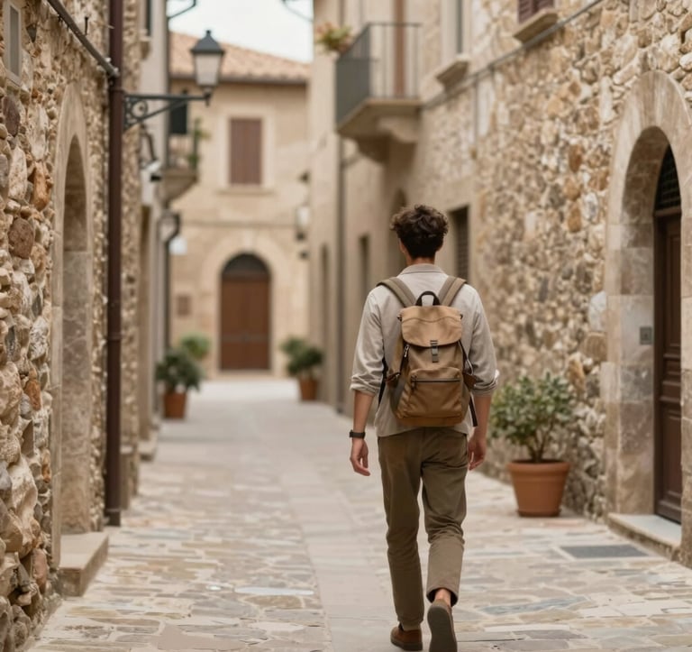 A traveler walking through a winding alleyway in a historic Italian village, carrying a small backpack. Natural lighting, warm stone textures in #D3B386 and soft beige #F8F4EF.