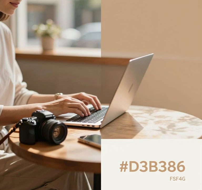 A person sitting on a wooden bench in a cozy, sun-drenched cafe, typing on a laptop with a digital camera nearby. Elegant and personal atmosphere, with warm tones from the brand palette #D3B386 and #F8F4EF highlight.