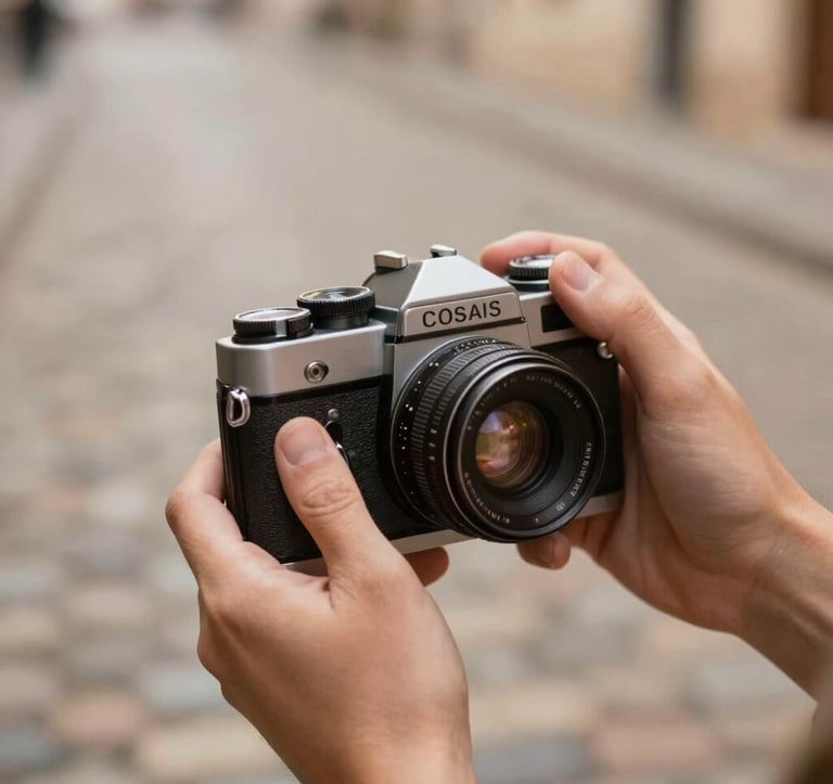 A close-up of a vintage 35mm film camera held by hands with a blurred background of a cobblestone street. The lighting is warm and cinematic, emphasizing the brown #4A3D36 and beige #F8F4EF tones.