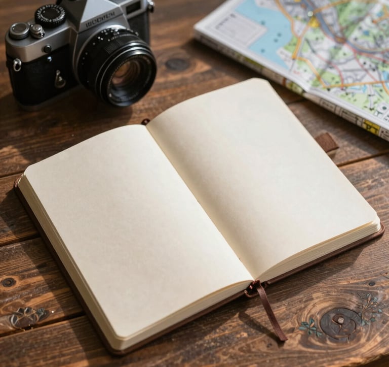A close-up, top-down shot of an open travel journal, a vintage camera, and a local map on a rustic wooden table. Warm sunlight filters through, creating soft shadows. Colors include #D3B386 and deep wood tones.