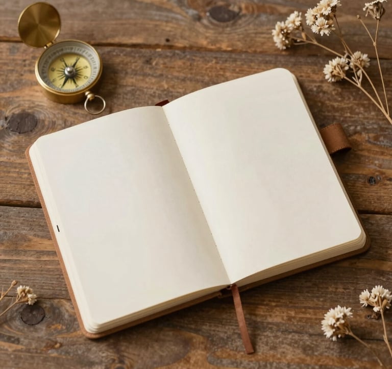 A top-down view of an open traveler's notebook on a rustic wooden table, surrounded by a compass and small dried flowers. The aesthetic is organic and personal, featuring the brand's earthy browns and creams.