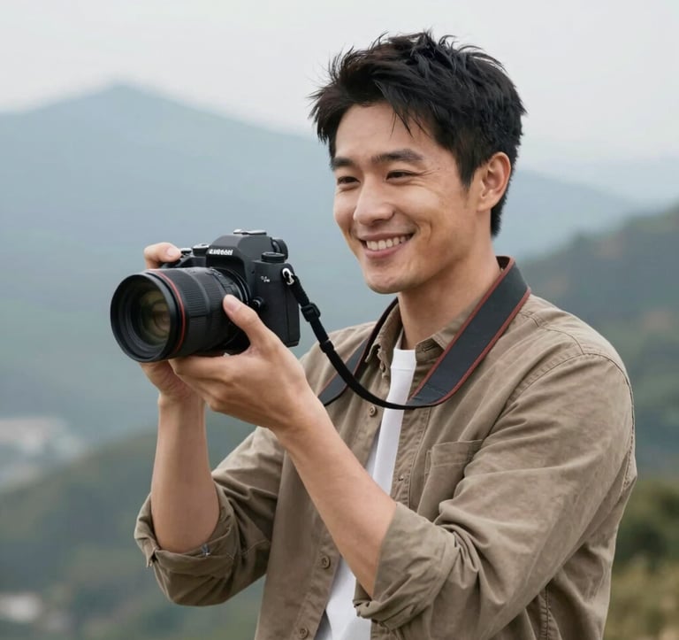 A natural, candid portrait of a travel blogger holding a professional camera and smiling. He is wearing an earth-toned shirt (#4A3D36) against a soft, blurred mountain background.