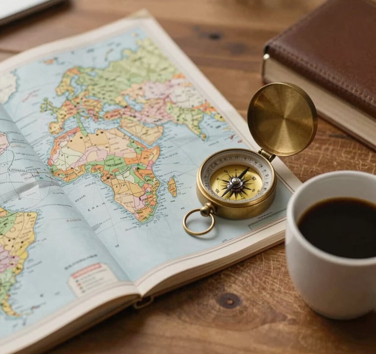 A close-up flat lay of a traveler's desk with an open map, a vintage brass compass, and a cup of coffee. The wooden textures use #4A3D36 and #A1775E, creating a warm, cozy feel.