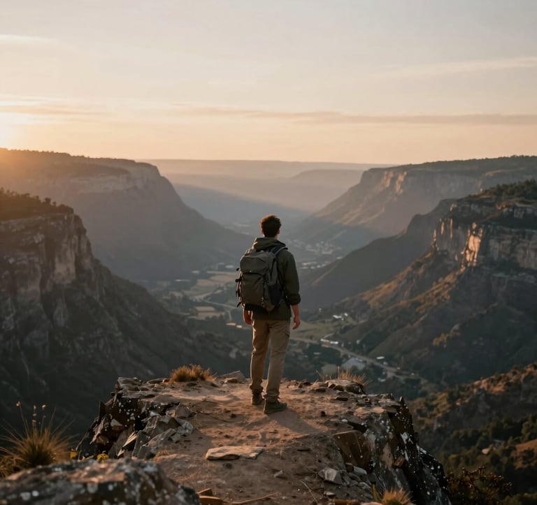 A travel blogger with a backpack standing on a cliff edge overlooking a vast valley at dawn. The atmosphere is quiet and majestic, using earth tones like #A1775E and #4A3D36 to convey a sense of adventure and professional storytelling.