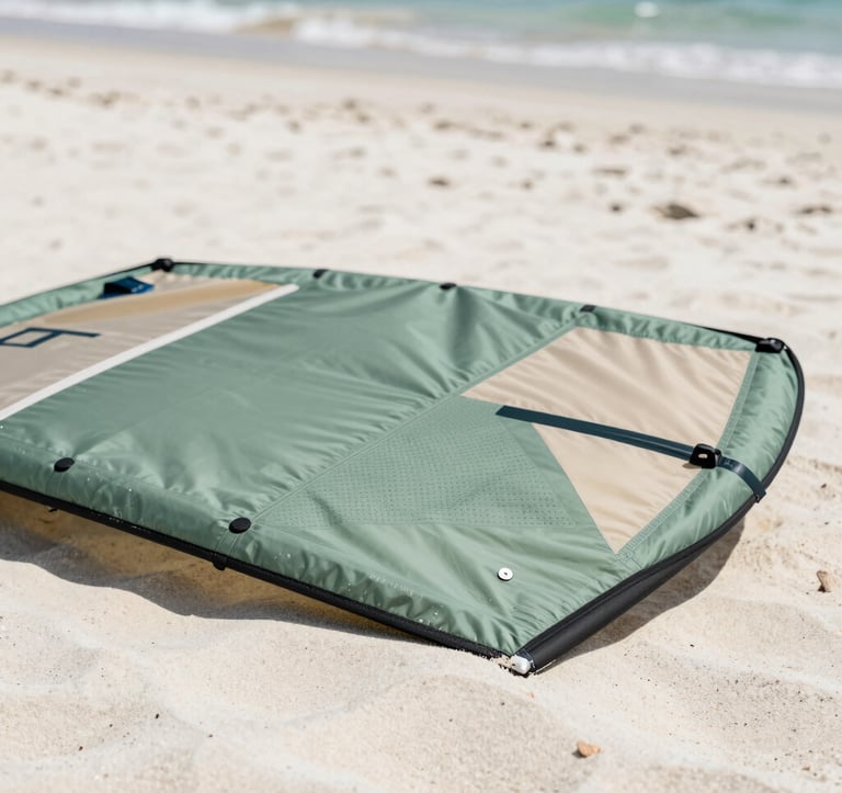 Close-up, editorial-style shot of kiteboarding equipment lying on a pristine white sand beach. The textures of the fabric and the sand are sharp. Colors include sage green accents (#7E8A7F) and warm beige shadows (#DDCAB8). Sophisticated, calm, and professional photography.