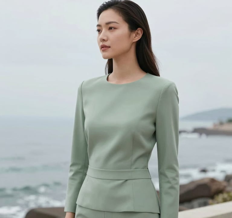 An aspirational portrait of a woman looking out toward a coastal horizon. She wears an elegant, minimalist outfit in shades of sage green (#7E8A7F). The lighting is soft and diffused, conveying magnetic confidence and an intellectual backbone. Luxury lifestyle feel.