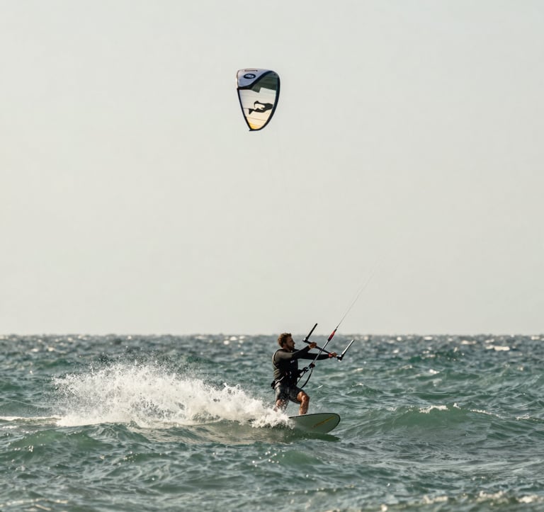 A dynamic action shot of a kitesurfer catching the wind, captured with high-speed shutter for crisp water droplets. The lighting is brilliant and natural. The ocean is a deep sage green #7E8A7F, and the sky is a pale off-white #FAF8F5. Minimalist composition.