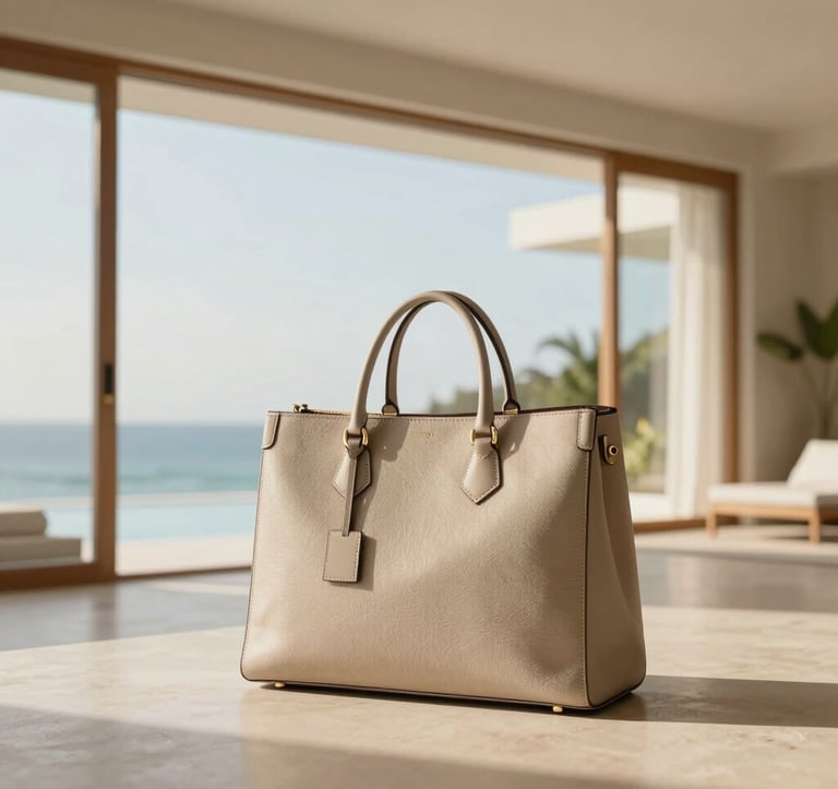 An editorial luxury travel scene. A minimalist designer bag sits on a polished floor in a bright, modern villa with sand-colored walls. Large windows reveal a glimpse of a tropical horizon. The lighting is soft and golden, suggesting a high-level global lifestyle.